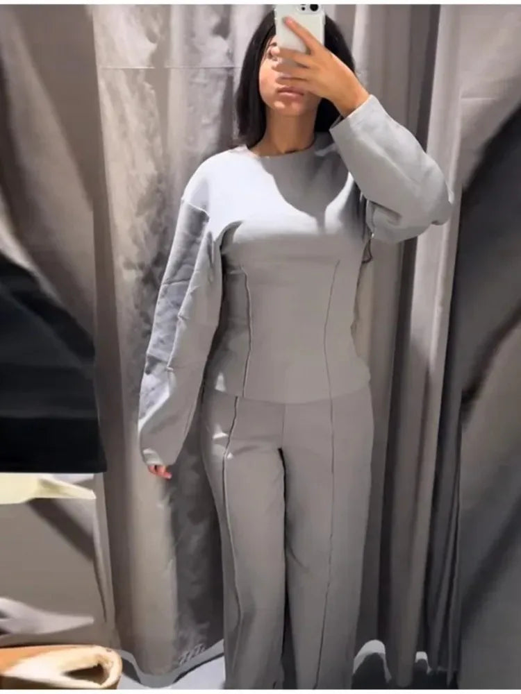 Woman's Casual Solid Two-piece Set Fashion O-neck Long Sleeves Slim Tops Wide-leg Pants Suits Autumn Winter Lady Office Outfit