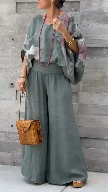 Casual Flower Print 2 Piece Set Loose V-neck Bat Sleeve Pullover Top Elastic Waist Wide Leg Pants Set Women 2025 Spring New