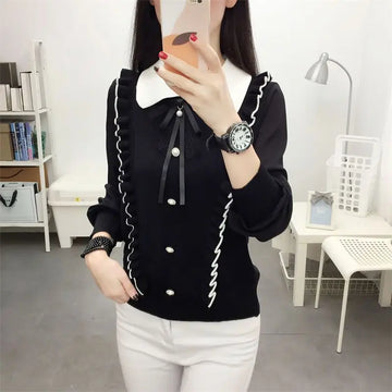 Autumn Winter Knitted Sweater Pullover Contrast Color Peter Pan Collar Women's Clothing Screw Thread Casual All-match Tops