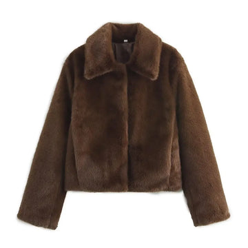 Loose Brown Faux Fur Collar Jacket Short Outerwear Women's Fashion Autumn New Style Artificial Leather Coat Full Sleeve
