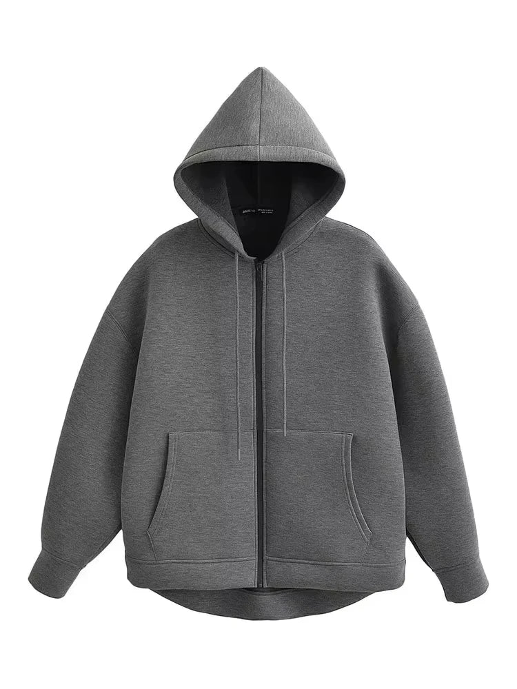 HH Autumn Winter Women's Zipper Hoodie Coat High Street Double Pockets Oversize Jakcet Loose Sweatshirts Outerwear Top