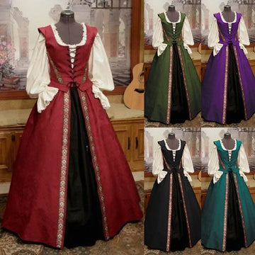 Medieval Renaissance Style Square Collar Waist Cinching Full Skirt Two Piece Set Dress Empire Waistline Young Women's Dress