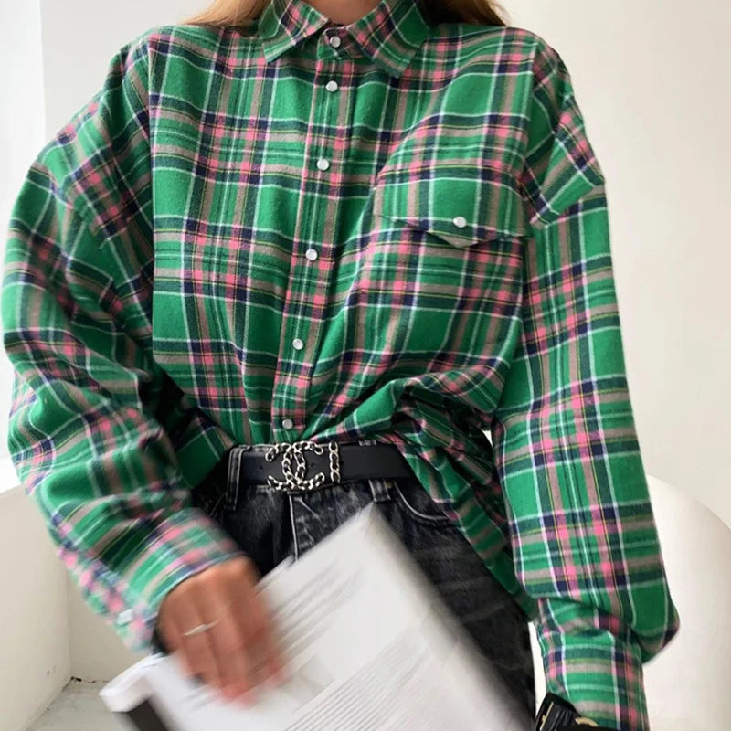 Green Vintage Plaid Shirt Women Oversize Top Long Sleeves Autumn Winter Loose Women's Shirt And Blouses Oversized