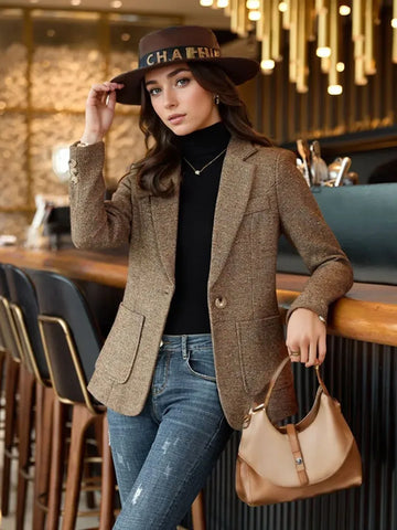 Autumn Winter New Chic Blazer Coats Women's Woolen Jackets Long Sleeve Notched Vintage Thick Outerwears Elegant Female Clothes