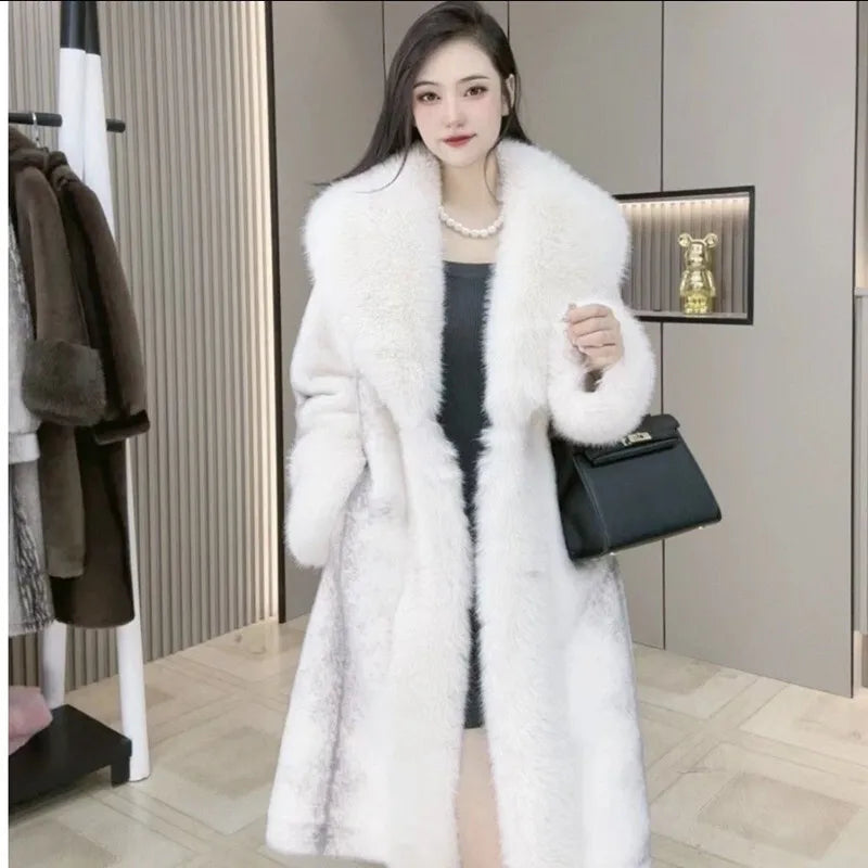 2025 new Autumn winter Mid-Length mink fur coat female Fashion Fox hair collar Long sleeve overcoat women loose outerwear T828