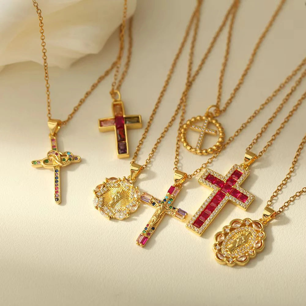 Cross Necklace For Women Bohemian Jesus Virgin Mary Choker Boho Zircon Collars Stainless Steel Long Chain New In Neck Jewelry