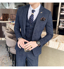 High Quality British Korean Modified Plaid Men (suit + Vest + Trousers) Stylish and Handsome Business Casual Three-piece Suit