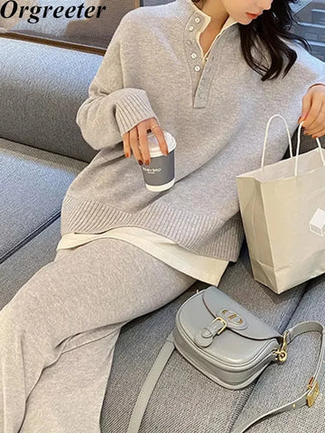 Autumn Winter Warm Knitted Trousers Set Women Long Sleeve Pullovers & Elastic Waist Wide Leg Pants Female Sweater Set
