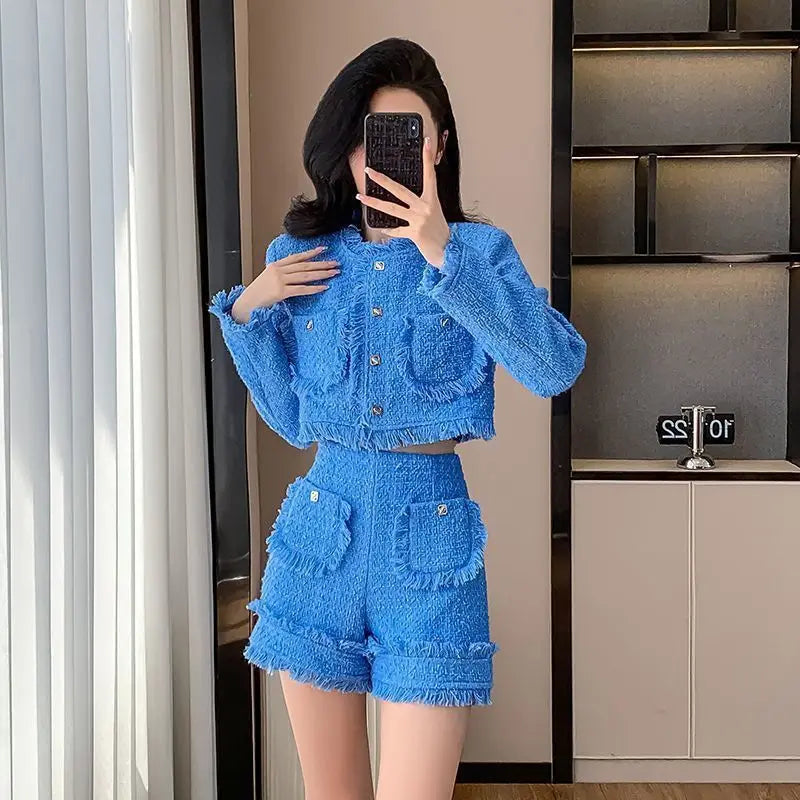 Blue Tweed Skirt Set for Women Spring Autumn New Small Fragnance Style 2 Pieces Suit New Arrival Jacket Tops+Shorts Outwear