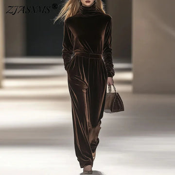Autumn Winter Solid Soft Velvet 2 Piece Set Woman Casual Turtleneck Top Pullover & Long Pants Sets Fashion Long Sleeve Warm Suit