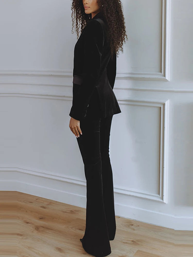 Fashion Lapel Velvet Long Sleeve Blazer&Pants Sets Elegant Commute Women's Solid Color Outfits Autumn Winter New Slim Two Piece