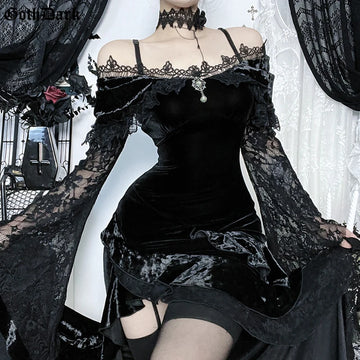 Goth Dark Flocking Lace Gothic Asymmetrical Maxi Dress Outfits for Women Mall Goth Embellished Off Shoulder Halloween Dresses