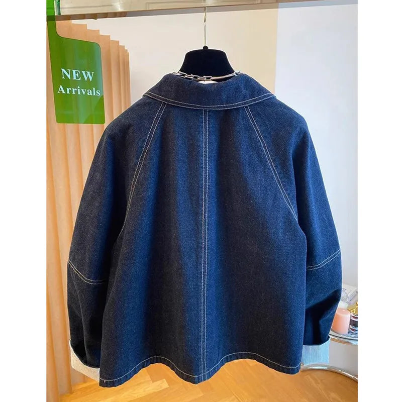 Vintage Denim Coat Women 2025 New Spring Autumn Fashion Short Jeans Jacket Female Casual Cuffs Splicing Loose Cowboy Tops T874