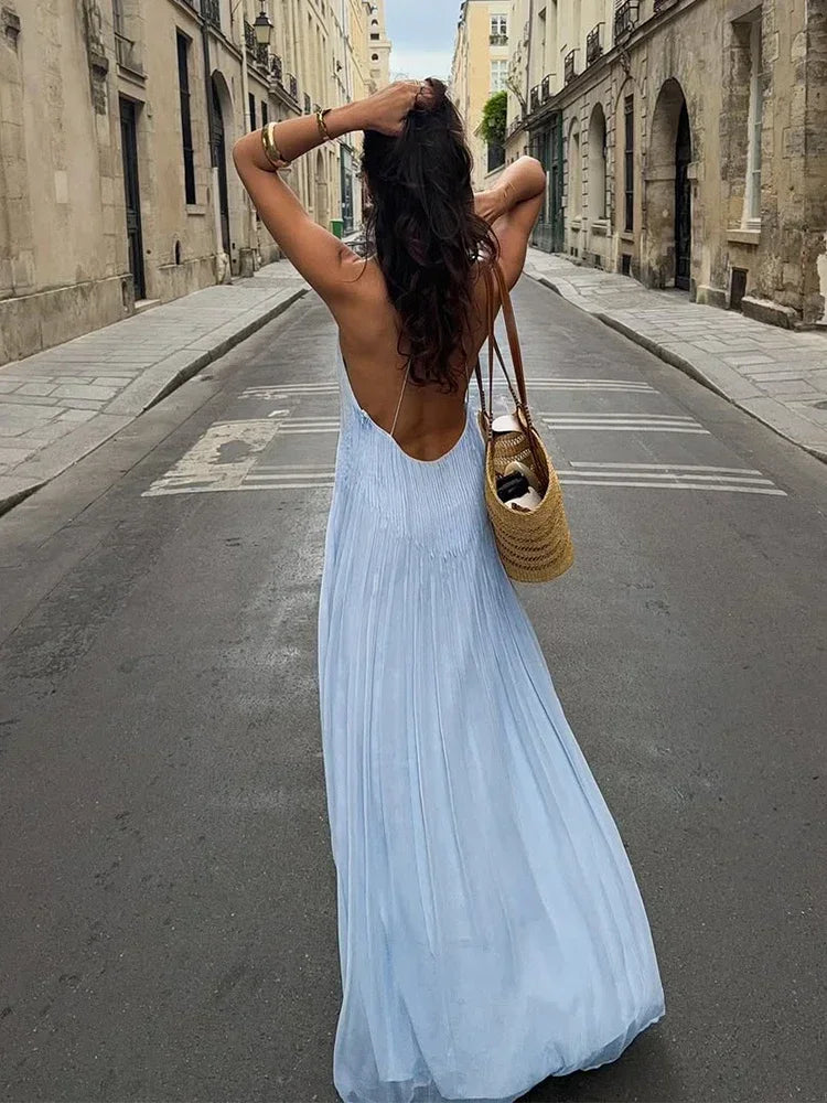 Chic Blue Pleated Backless Long Dress Women's Elegant Loose Hem V-neck Spaghetti Strap Dresses 2025 Lady Summer Beach Vestidos
