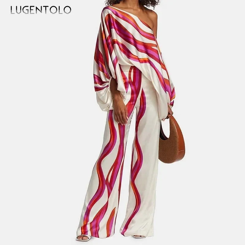 Women Elegant 2 Piece Set Fashion Print Batwing Sleeves Off-the-Shoulder Top Temperament High Waist Wide Leg Pants Party Apparel