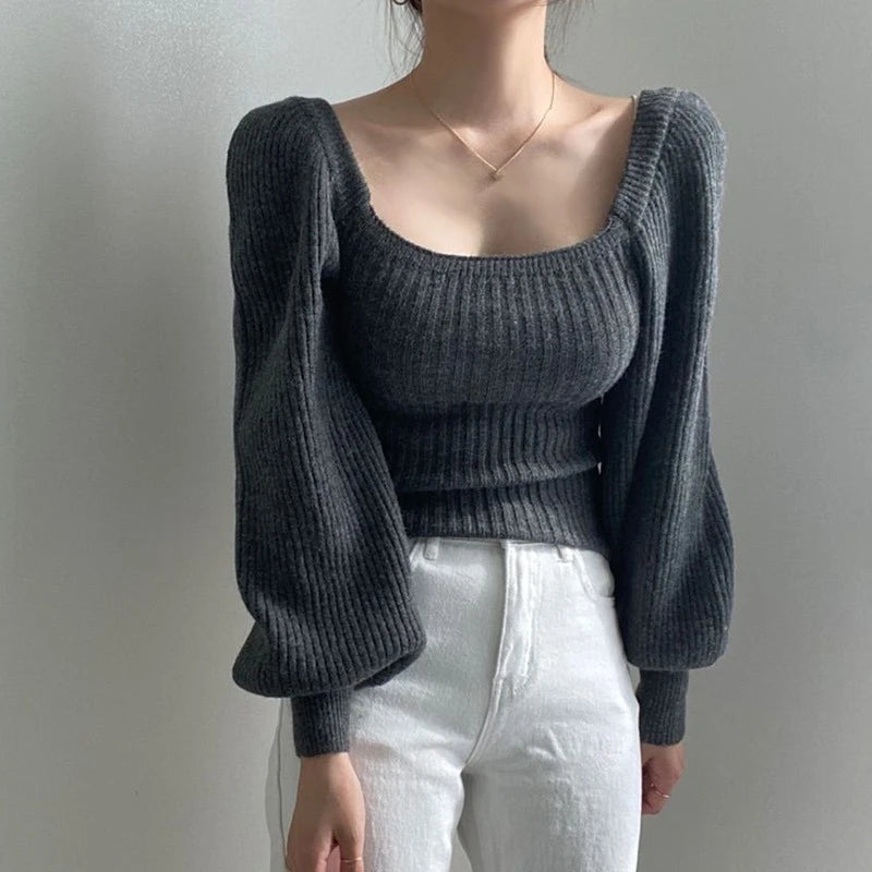 Autumn Winter Retro Bubble Sleeve Sweater Temperament Square Neck Solid Knitted Top Women Long Sleeved Waist Cinching Pullover