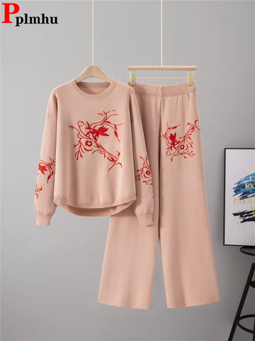 Embroidered Flowers Knitted 2 Piece Sets Women O-neck Long Sleeve Sweater Pullover Tops Conjuntos Korean High Waist Pants Outfit