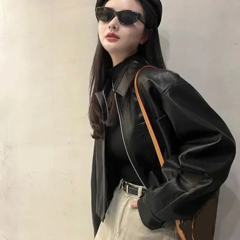 Black PU Leather Women Jackets Korean Fashion Zipper Biker Short Jacket Woman Autumn Winter Casual Loose Turndown Collar Coat