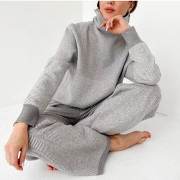 2025 Winter Womens Warm Home Suit High Collar Long Sleeve Pullover Wide Leg Trousers 2 Piece Set Conjuntos Deportivos Para Mujer