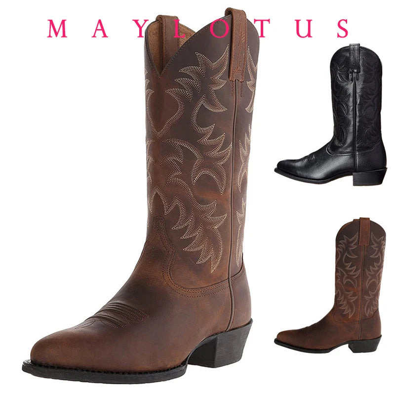 Mid-calf Western Boots Men Black Brown Cowboy Boots Handmade Leather Shoes New Punk Man Women Unisex Riding Boots