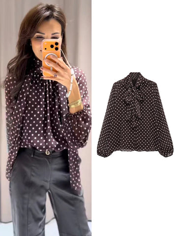 New Arrival Women Blouse Vintage Polka Dot Printed Casual Tops Fashion Bow Elegant Loose Long Sleeve Commuting Shirts Ladies