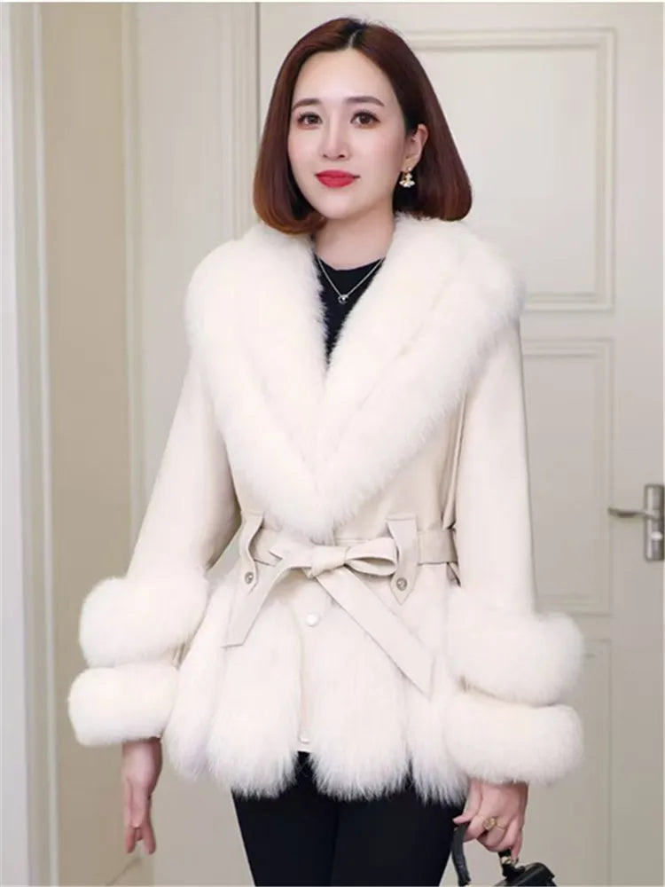 2026 Winter New Fashion Imitation Fox Fur Short Young Coat Fashion Temperament Motorcycle Style Fur Coats Warm Female Parkas