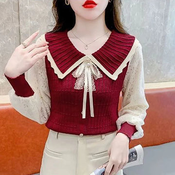 Knitted Sweater Women Pullovers New Long Sleeve Doll Collar Bow Knit Sweater Pullover Women Tops Sweaters Sueters De Mujer Q1178