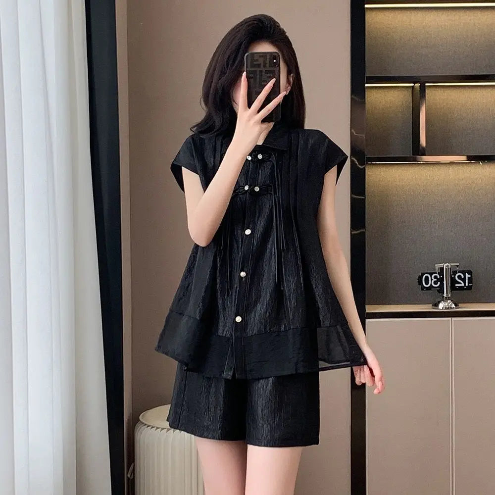 Women's Loose Fitting Casual Fashion Set Summer New Chinese Style Button Up Sleeveless Shirt and Shorts Two-piece Set for Women
