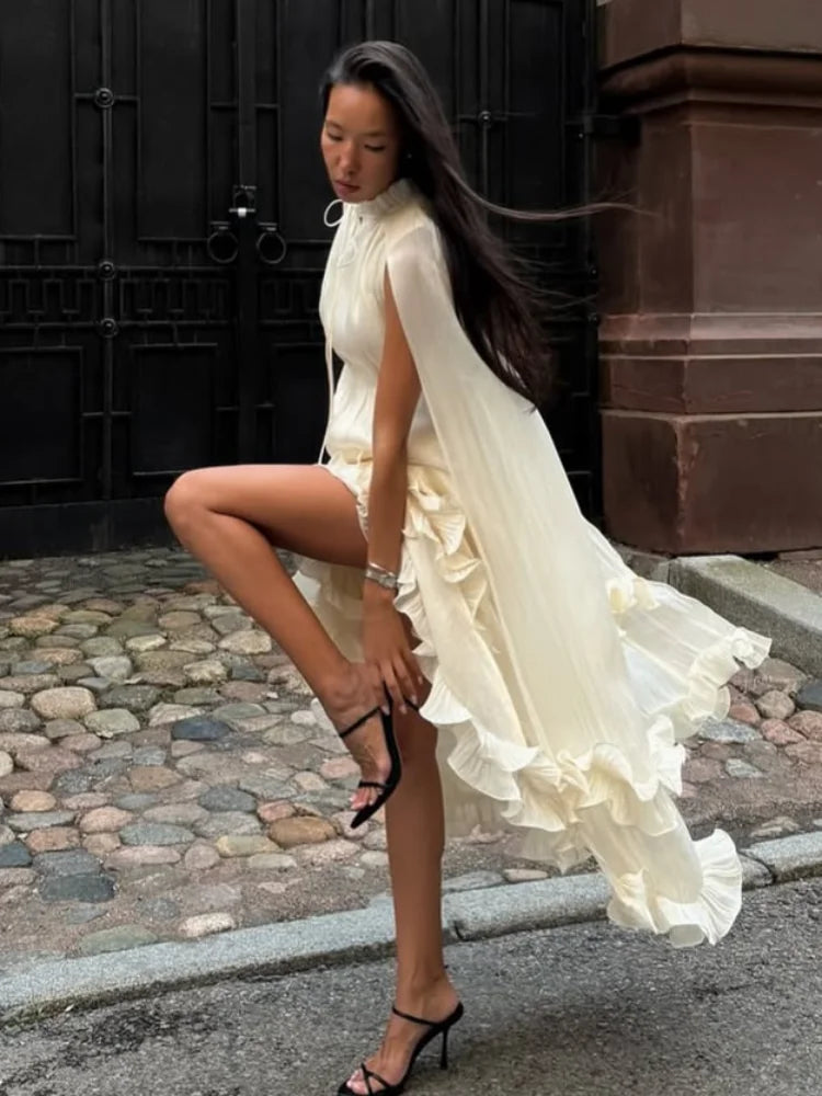 Ruffle Solid Maxi Dress Women Fashion Lapel V-neck Sleeveless Pleated High Waist Dresses 2025 Summer Lady Chic Vacation Robes