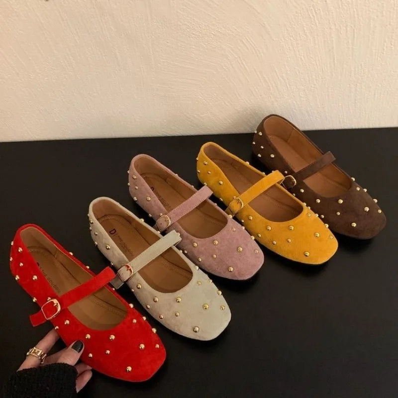 Summer Brand Mary Jane Shoes for Women Fashion Rivet Suede Classic Retro Brown Casual Soft Bottom Comfortable Ladies Flats
