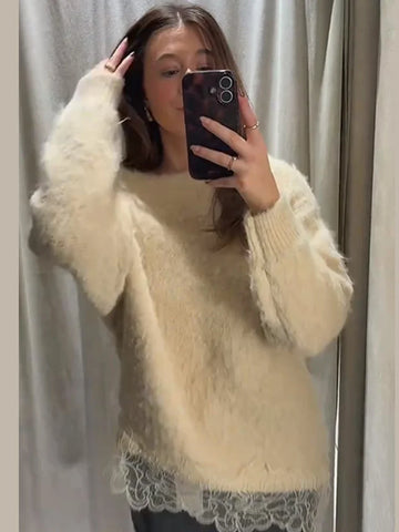 Chic Women Lace Patchwork Knitted Pullover Lady Full Sleeve Slanted Collar Irregular Hem Loose Pullovers 2026 Spring Autumn Wear