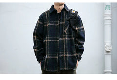 Japanese Vintage Plaid Thick Cargo Shirts For Men Clothing Harajuku High Quality Casual Coat Korean Streetwear Loose Shirt Male