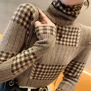 Women's Clothing Vintage All-match Turtleneck Knit Pullover Autumn Winter Fashion Slim Gingham Patchwork Sweater Office Lady Top
