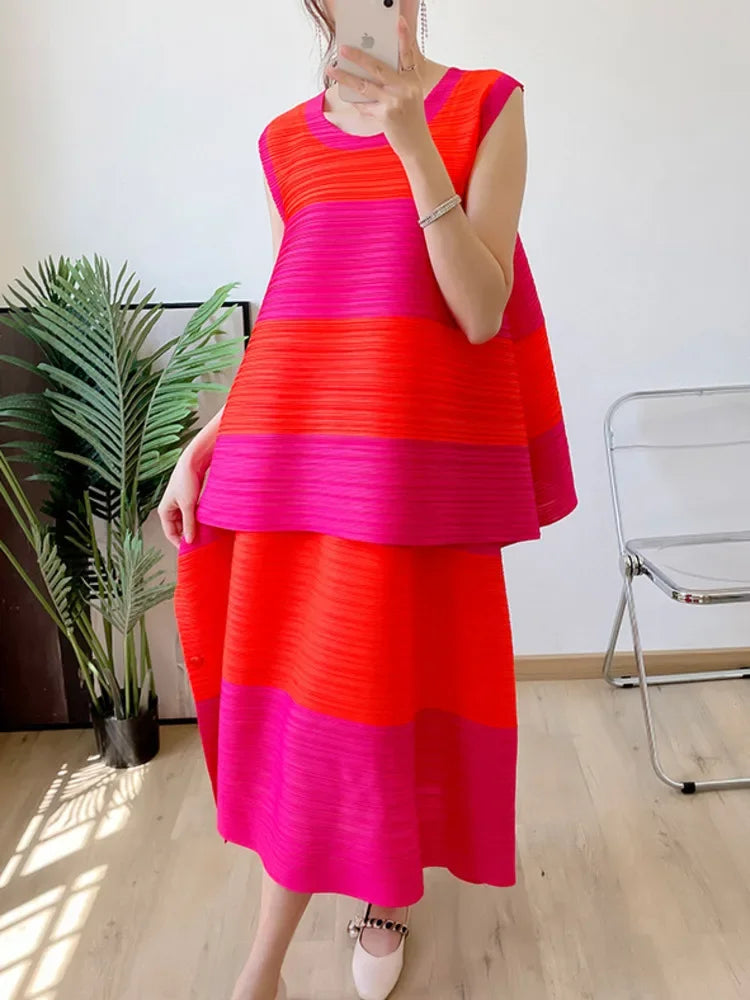 Fold Miyake Pleated Two Piece Sets Stripe Collision Color Women Loose Top Elastic Waist Skirt New Tide 2025 Spring