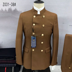 (Coat+pants) High end suit set, Chinese style men's suit, double breasted Blazer set, stand up collar suit set, solid color suit