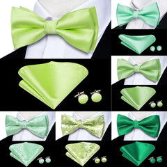 Hi-Tie Silk Mens Bow Tie Hanky Cufflinks Set Sage Mint Grass Teal Green Pre-tied Butterfly Knot Bowtie for Male Wedding Business