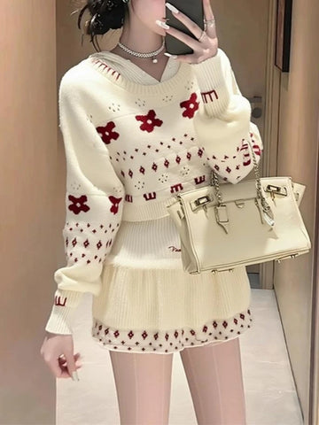 Women's Apricot Floral Print Knit Sets 2025 New Autumn Winter Outfit Jacquard Top + Mini Short Skirt Sweet Design Two-Piece Set