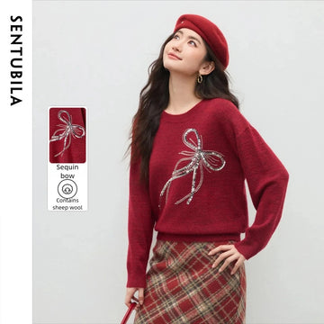 SENTUBILA Women's Knit Pullover 2025 Autumn Loose Soft Stretchy O-Neck Bow Embroidery Top Comfortable Casual Sweater W54EE3862