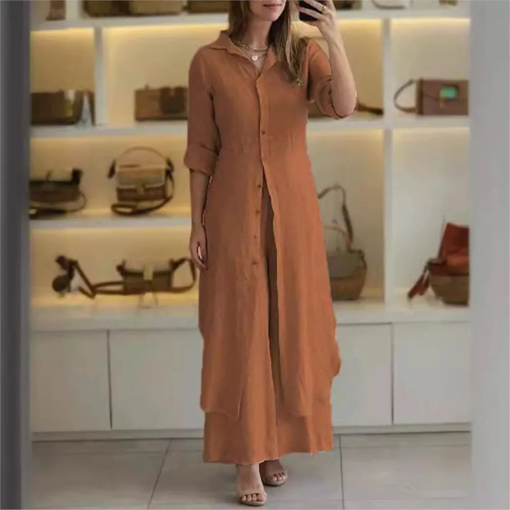 New Elegant Cotton Linen Slim Fit Waist Long Shirt Wide Leg Pants Two-piece Set For Women Casual Solid Color Pants Set Outfits