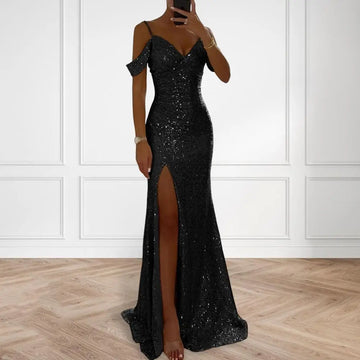 Long Dress Elegant Sequin Ball Gown for Prom Wedding Parties Off Shoulder V Neck Maxi Dress with Side Slit Slim Fit for Banquets