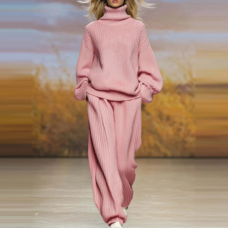 Basic high neck long sleeved top with pants set loose pocket pants set comfortable and soft sweater solid color two-piece set