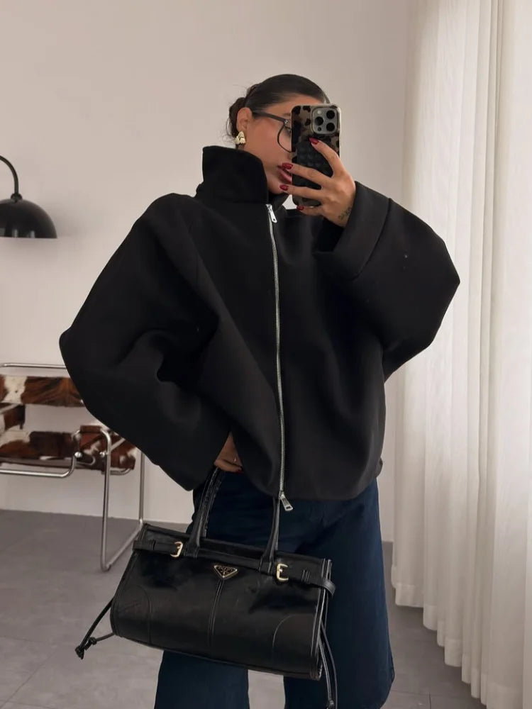 Woolen Zipper Loose Short Jacket Women Long Sleeve Lapel Solid 2025 Autumn Winter Commute Coat Street Office Warm Ladies Outwear