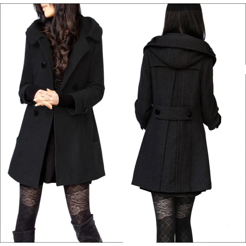 Autumn and Winter New Medium and Long Double-breasted Hooded Coat Thickened Woolen Jacket Fat Mm Large Size Trench Coat