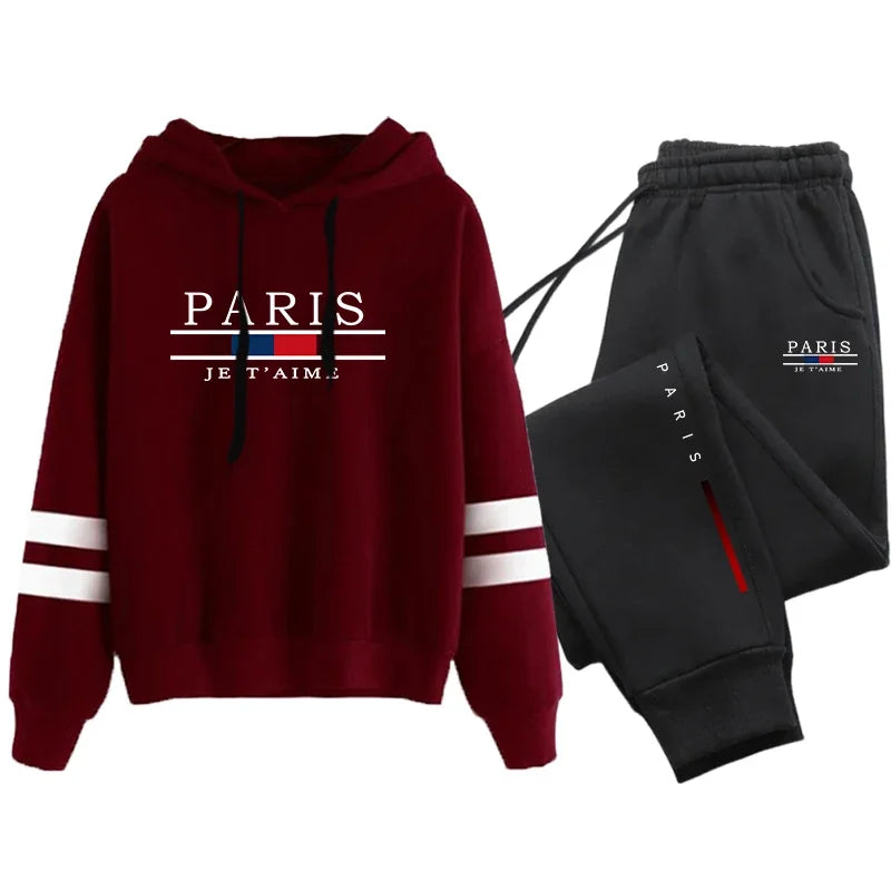 Hot Sales Women's Tracksuit Daily Splicing Hoodie Suits Casual Pullover+Trousers 2 Piece Set Paris Unique Print Womens Clothing
