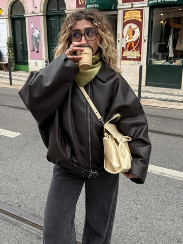 Casual Lapel Zipper Waist Belt Short Leather Jacket 2025 Women Loose Solid Pocket Pu Coat Autumn Lady Daily Highstreet Jackets
