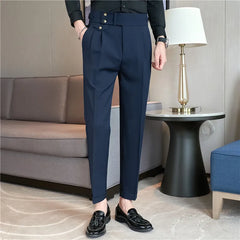 2024 Spring Autumn Men High Waist Belt Design Casual Slim Formal Dress Pant Men Social Office Wedding Party Dress Suit Pants