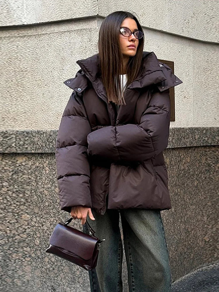 2025 Women's Winter Thick Warm Cotton Parka Coat with Hood Loose Stand Collar Long Sleeve Casual Commuter Outerwear for Ladies