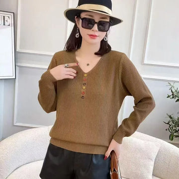 Women's Clothing Fashion All-match V-neck Knit Pullovers Autumn Winter New Casual Loose Long Sleeve Button Top Lady Elegant Tees
