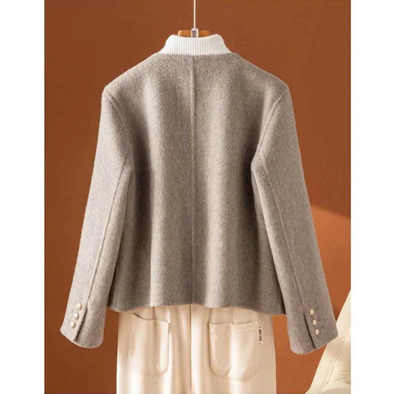 Autumn Winter New Grey Cashmere Double-Sided Short Woolen Coat Women Fashion O-Neck Long Sleeves Loose Wool Jacket Female T1501
