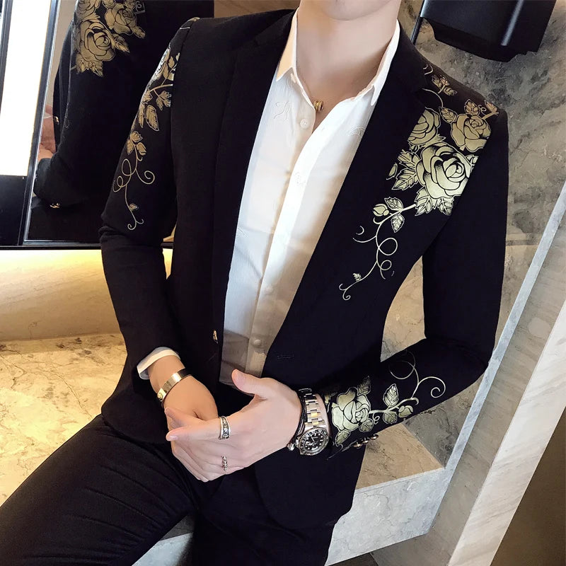 2024 New Luxury Gold Print Blazer Slim Fit Men Blazer Stage Cloth Social Party Wedding Dress Male Black Suit Jacket